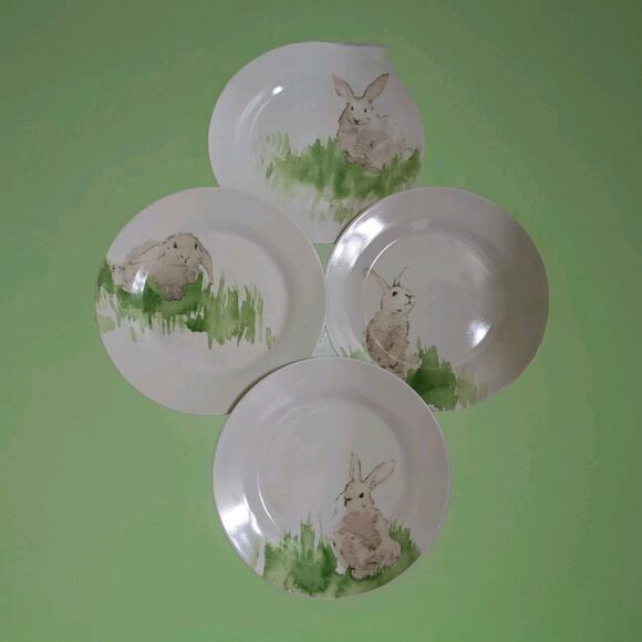 Set Of 4 Pottery Barn Hilltop Garden Bunny Easter Spring Rabbit 9" Plates Sketch - Picture 2 of 8